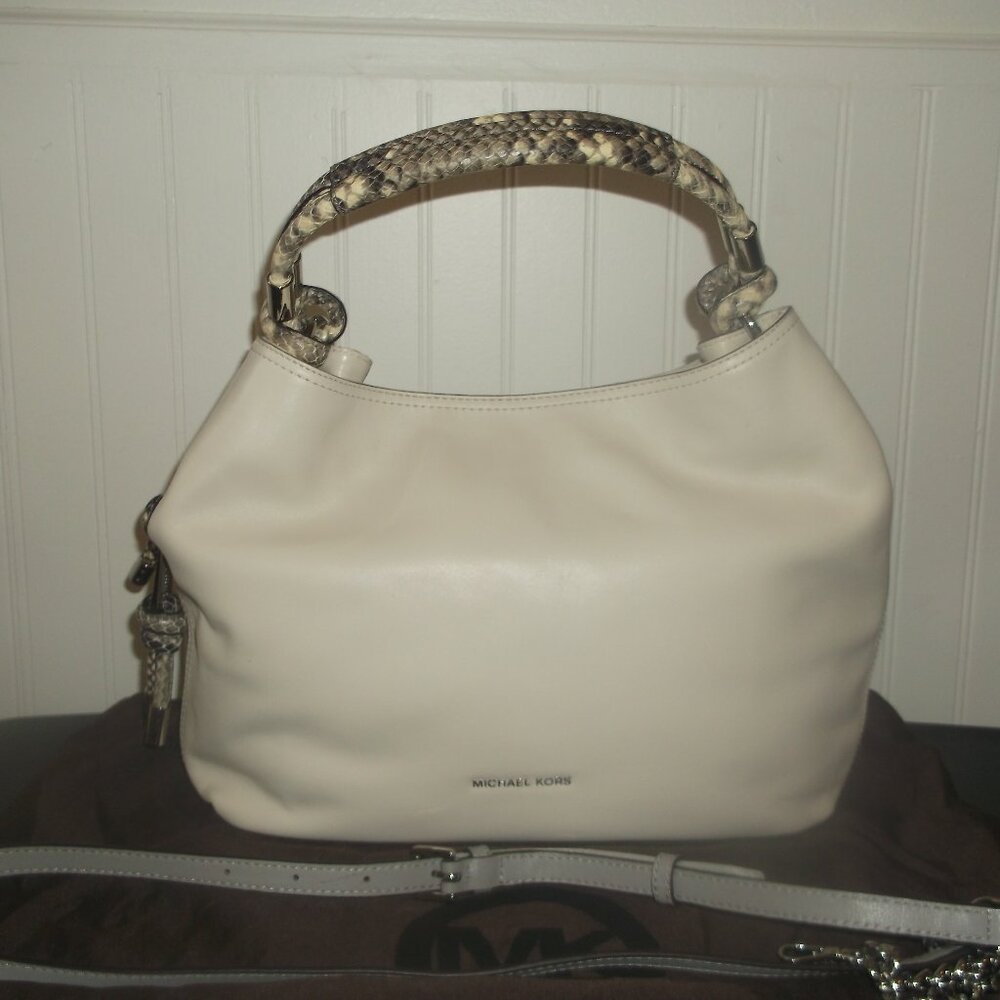 Michael Kors Soft Leather Hand Bag in Cream with Grey Snake (look) Top Handle